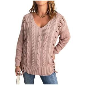 Maurices PSz. XL oversized Deep V neck cable knit criss cross tie sweater #4269
